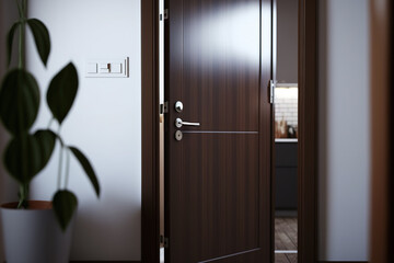 Half-opened door into cozy home interior. Light modern restroom. Chrome doorknob closeup. Generative AI - obrazy, fototapety, plakaty
