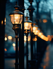 Row of old street lights along a pathway at dusk