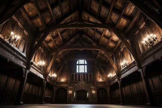 Eerie Gothic ceiling in shadowy castle hall exuding a Victorian ambiance with wooden walls and beams. Generative AI