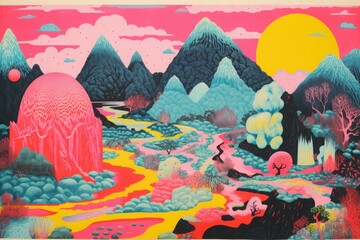 a vibrant retro poster art illustration in pink color tone palette of asian inspired landscape with risograph style effect, grain texture