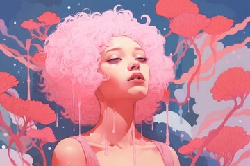 a vibrant retro poster art illustration in pink color tone palette , a close-up portrait of a girl with risograph style effect, grain texture