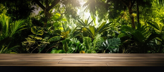 Empty rustic old wooden boards table copy space with lush green rainforest amazon jungle leaves and plants in background. Product display template. Generative AI