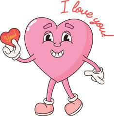Groovy lovely hearts stickers. Valentines day. In love and happy heart character in trendy retro 60s 70s 80s cartoon style. Vector illustration in pink colors. Doodle drawing.