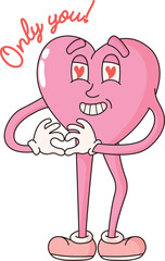 Groovy lovely hearts stickers. Valentines day. In love and happy heart character in trendy retro 60s 70s 80s cartoon style. Vector illustration in pink colors. Doodle drawing.