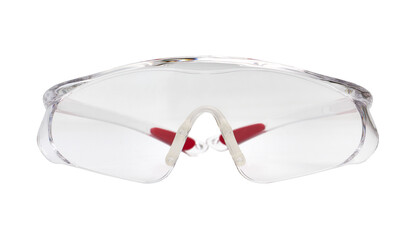 Transparent plastic protective eyewear isolated on white background, close up