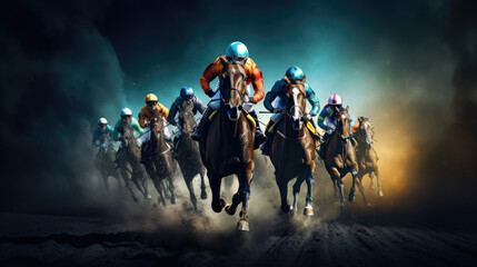 Equestrian Thunder: Dynamic Display of a Group of Racing Horses in Full Force at the Track, Horse Racing Excitement and Speed