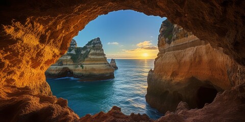  An Arch Revealed Through a Cliff by the Sea, Where Land and Ocean Converge in a Majestic Display of Geological Artistry
