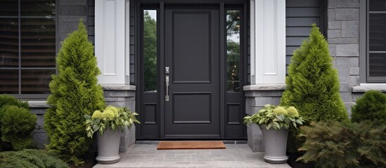 Classic style home with a dark gray front door With copyspace for text - obrazy, fototapety, plakaty