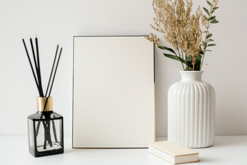Table with a notebook, reed diffuser, and blank photo frame close to a white wall. Generative AI