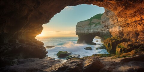  An Arch Revealed Through a Cliff by the Sea, Where Land and Ocean Converge in a Majestic Display of Geological Artistry