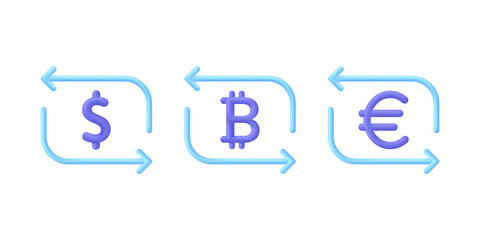 3D Money exchange icon. Concept of currency exchange or cash back. Money conversion. Dollar, euro, bitcoin.