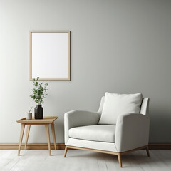 Interior of living room with white walls, wooden floor, beige armchair and mock up poster frame. 3d rendering