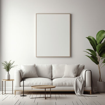 Interior of modern living room with white sofa, coffee table and plant. Mock up poster. 3d render