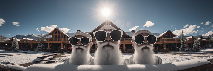 Three Santa’s wearing sunglasses peaking over s snow covered fence - ski resort - chalet -...