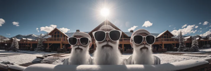 Wandcirkels plexiglas Three Santa’s wearing sunglasses peaking over s snow covered fence - ski resort - chalet - vacation - spa - holiday - getaway - extreme close-up shot - Christmas - winter  © Jeff