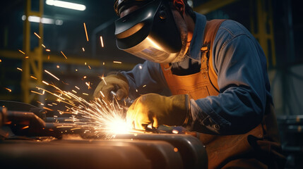A factory where skilled workers are engaged in arc welding - obrazy, fototapety, plakaty
