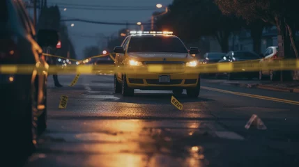 Foto auf Alu-Dibond The law enforcement officer's yellow car and the crime scene tape are yellow © didiksaputra