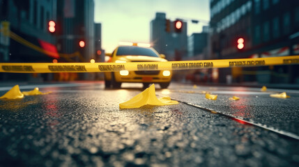 The law enforcement officer's yellow car and the crime scene tape are yellow - obrazy, fototapety, plakaty