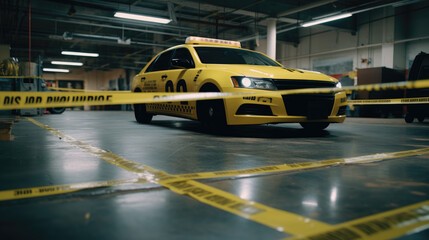 The law enforcement officer's yellow car and the crime scene tape are yellow