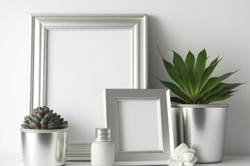 Silver pot glass and three empty silver frames in a composition on a white background. Generative AI