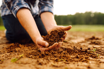 The soil is in the hands of an experienced agronomist. Close-up of a farmer's male hands checking the quality of the soil, the fertility of the land. A worker holds a plowed field of soil. - obrazy, fototapety, plakaty