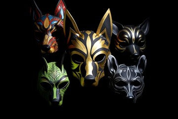 Dark, reflective animal masks in a kaleidoscope of light. Ideal for cards and decor. Generative AI