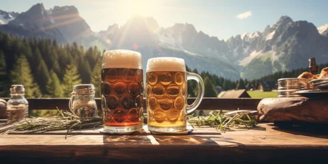 Fotobehang Two Beer Jugs Rest on a Table at a Hut, with the Majestic Alps as a Backdrop, Celebrating the Best of German Brewing Craftsmanship, a Destination for Summit Seekers, Hikers, and Lovers of Hops, Malt © Ben