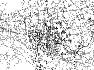 Vector road map of the city of  Purwokerto in Indonesia with black roads on a white background.
