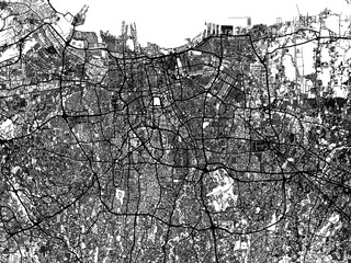 Vector road map of the city of  Jakarta in Indonesia with black roads on a white background.
