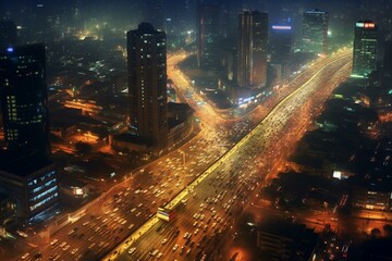 Fototapeta na wymiar bird's-eye view of bustling nocturnal traffic. Generative AI