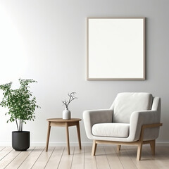 Interior of living room with white walls, wooden floor, beige armchair and mock up poster frame. 3d rendering