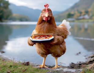 A chicken delivers a pizza  - 662928937