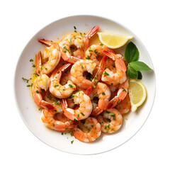 plate of shrimp with lemon top view isolated on white background, ai generated