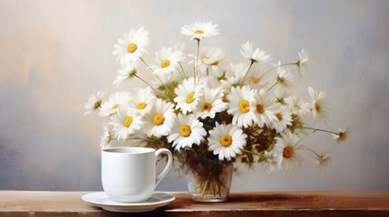  a painting of a vase of daisies and a cup of coffee.  generative ai