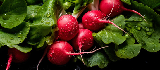 Fresh red radish vegetables, with water drops over it, closeup macro detail. Generative AI - obrazy, fototapety, plakaty