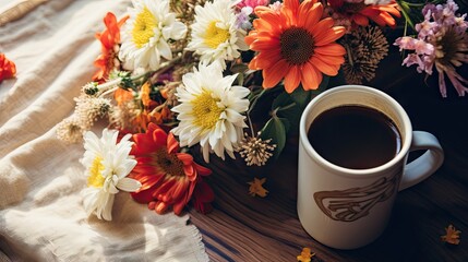 Obraz na płótnie Canvas a cup of coffee sitting next to a bouquet of flowers. generative ai
