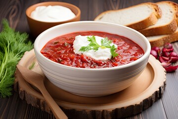 Borscht with sour cream and rye bread on a wooden table. Copy space