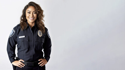 Mixed race woman wearing uniform, police officer or cop, studio portrait with light background, banner copy space on side. Generative AI - obrazy, fototapety, plakaty