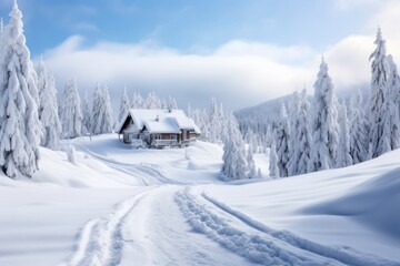Vinter cabin with track in the snow