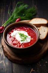 Borscht with sour cream and rye bread on a wooden table. Copy space