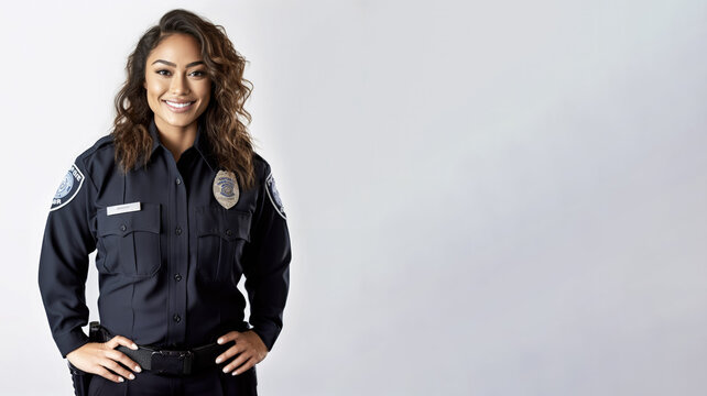 Mixed race woman wearing uniform, police officer or cop, studio portrait with light background, banner copy space on side. Generative AI