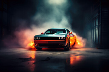 Sports Car coming out of smoke. 