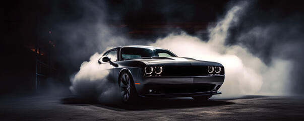 Sports Car coming out of smoke.  - obrazy, fototapety, plakaty