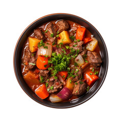 bowl of beef stew with vegetables top view isolated on white background, ai generated - obrazy, fototapety, plakaty