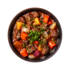 Poster bowl of beef stew with vegetables top view isolated on white background, ai generated © PhotoWave