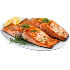 plate of grilled salmon with lemon isolated on white background, ai generated
