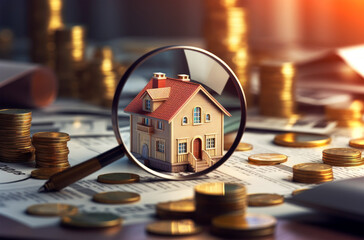 Conceptual image of searching for opportunities of investing in real estate or purchasing a house : small house model under a magnifying glass, surrounded by scattered money - obrazy, fototapety, plakaty