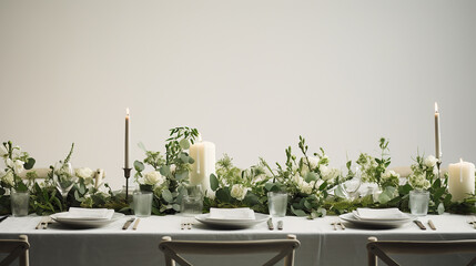 decoração de casamento mesa minimalista branca e verde com eucalipto e velas, espaço para texto, - obrazy, fototapety, plakaty