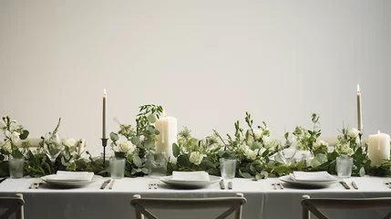 Fotobehang decoração de casamento mesa minimalista branca e verde com eucalipto e velas, espaço para texto, © Alexandre