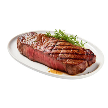 tasty New York strip steak with rosemary isolated on white background, ai generated